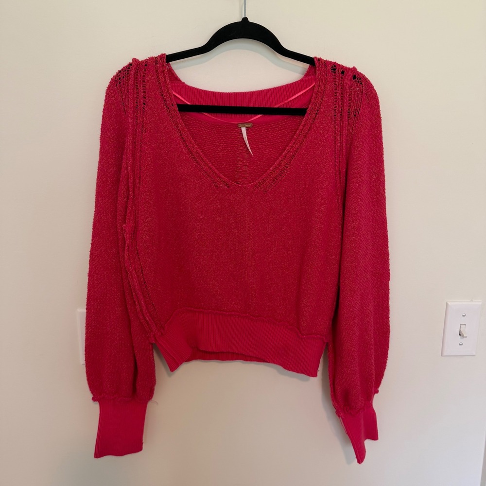 Free People Pink V-Neck Textured Knit Sweater Balloon Sleeve Boho Fuchsia XS - Picture 2 of 4